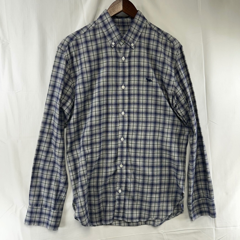 Maison Kitsune Button Down Mens 40 Blue Plaid Embroidered Fox Shirt